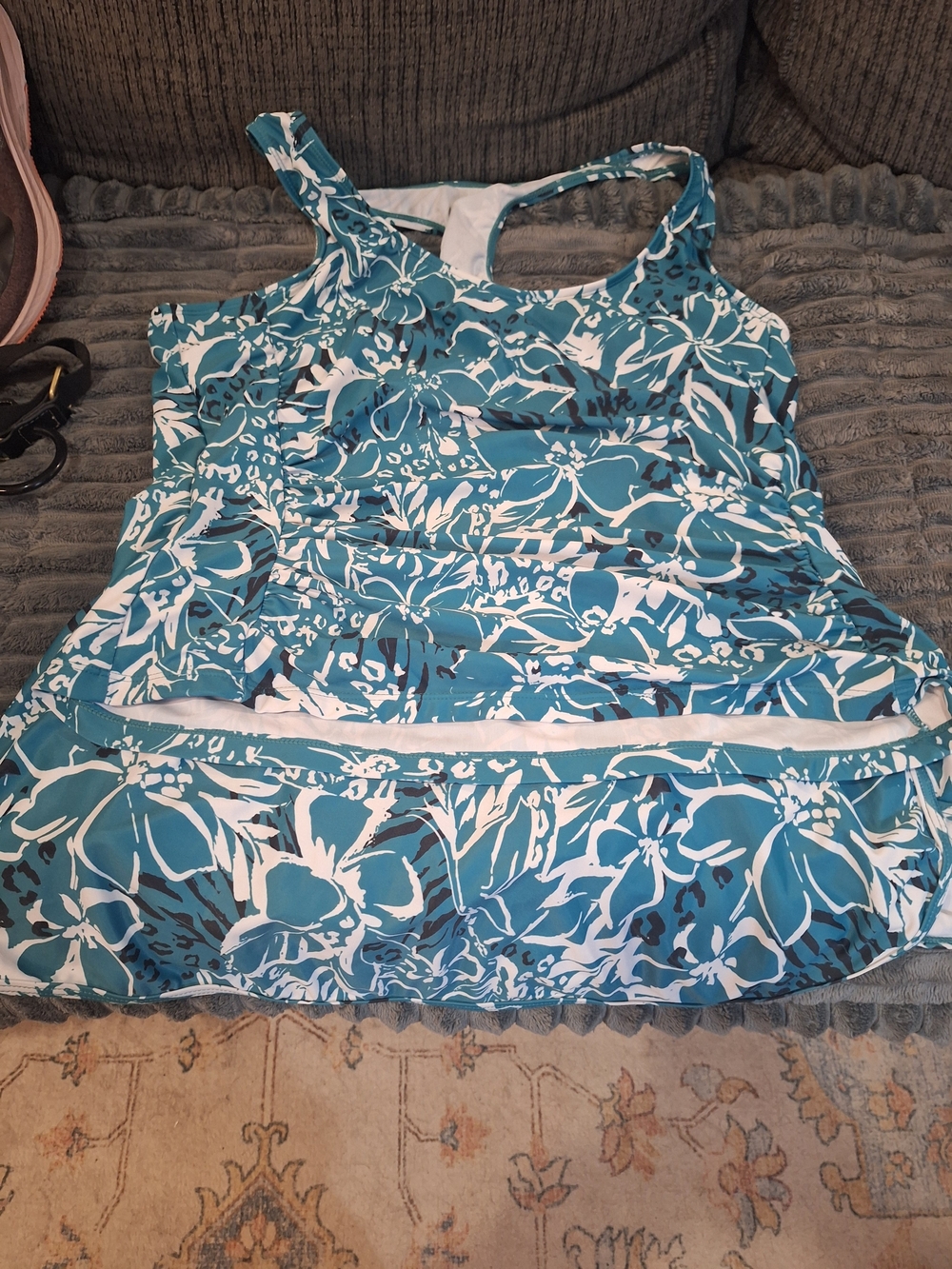 Women’s Teal and White Floral Tank Top 2 Piece With Swim Skirt